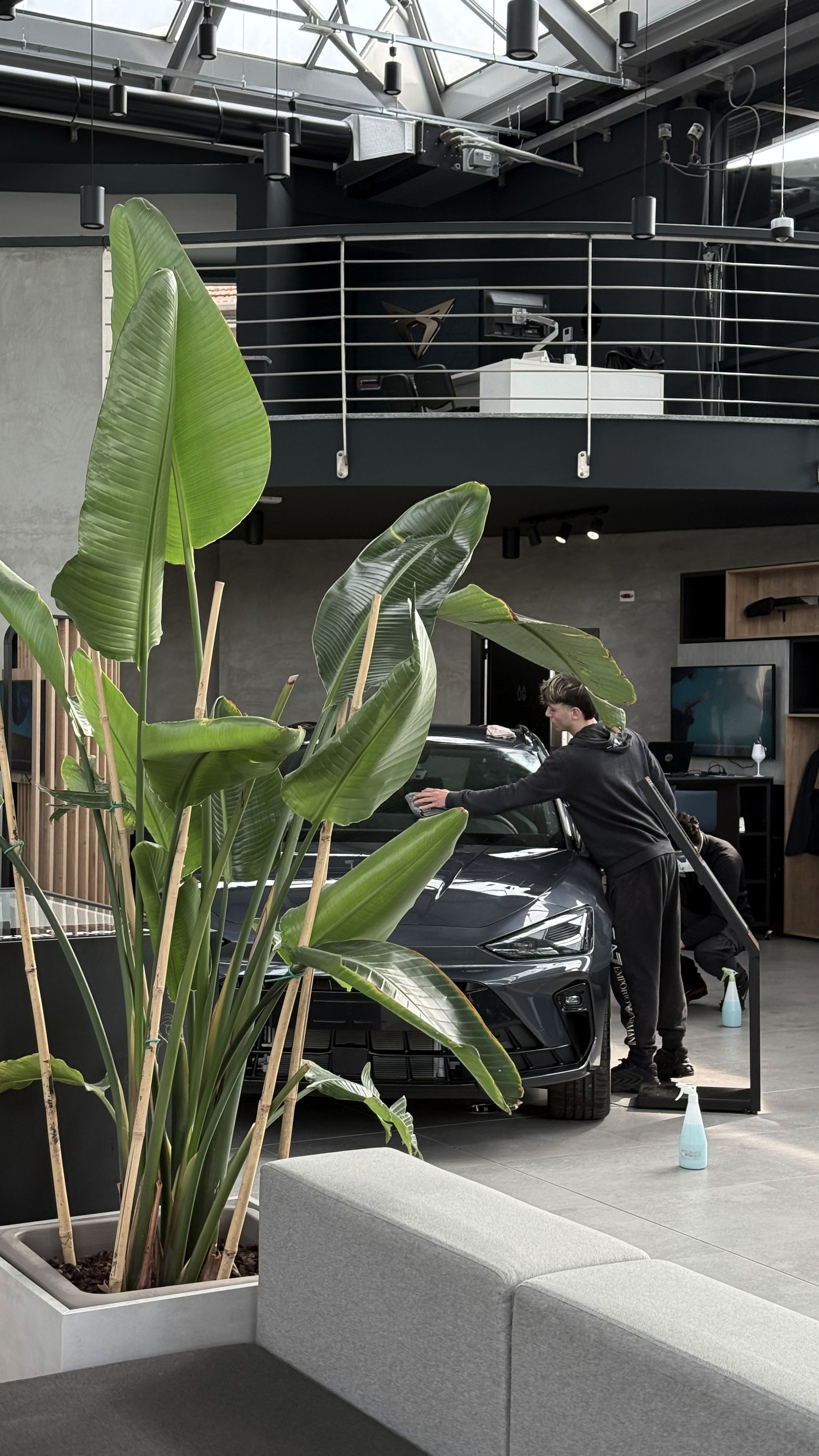 Operatore Washy al lavoro su un'auto nello showroom del cliente