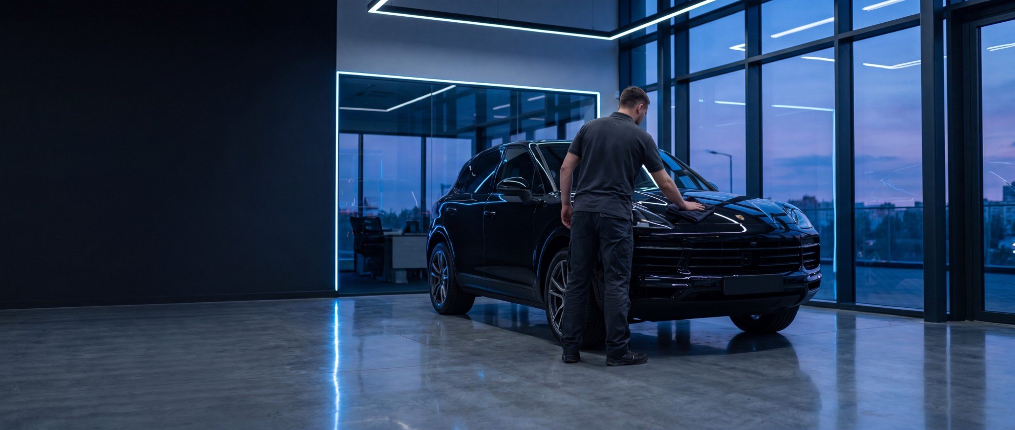 Operatore Washy lucida un'auto premium nello showroom del cliente